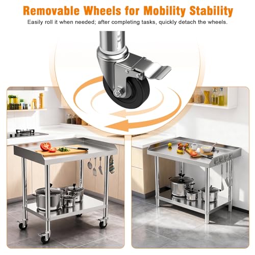 ilkqeppe Stainless Steel Table, Rolling Kitchen Island & Prep Table with 3-Sided Splash Guard, 36"x24"x36" Work Tables with Wheels, Commercial Kitchen Island for Kitchen, Garage & Restaurant