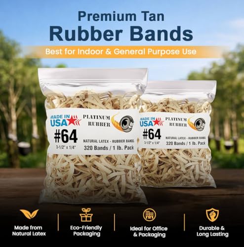 Platinum Rubber Bands Size 64, USA Office Supplies, Heavy Duty Elastic Bands, 3 1/2 x 1/4 Inch, 320 Bands per 1 lb Pound, 3 Pack or 25 Pack Bulk, Natural Tan Color, Large Rubberbands Made in America (3-PACK)