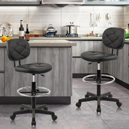 KLASIKA Tall Drafting Rolling Stool Chair with Low Back Support and Adjustable Foot Rest Ring Set of 4 PU Leather Vinly Wide Seat Swivel Standing Desk Chair for Office Home 4 Pack