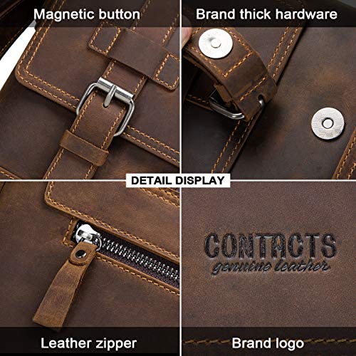 Contacts Crazy Horse Leather Messenger Bag for Men 12 Inch Laptop Briefcase Computer Shoulder Bag Travel Business (Brown)