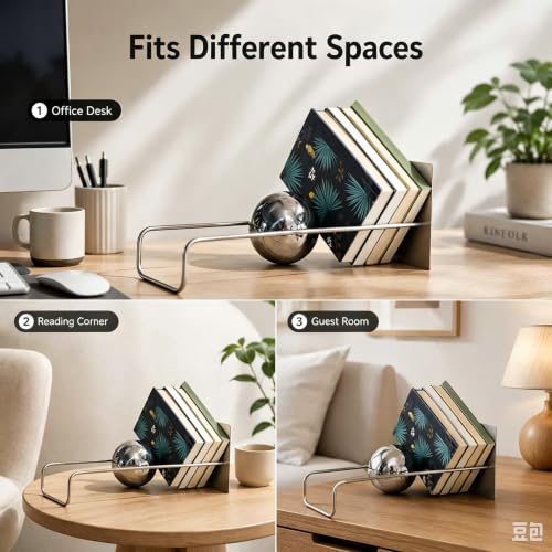 Gravity Ball Bookend, Stainless Steel Desktop Magazine Rack & Book Organizer, 18.9" Slanted Display Stand, Modern Decorative Book Holder for Office, Home, Entryway & Stainless Blue Ball