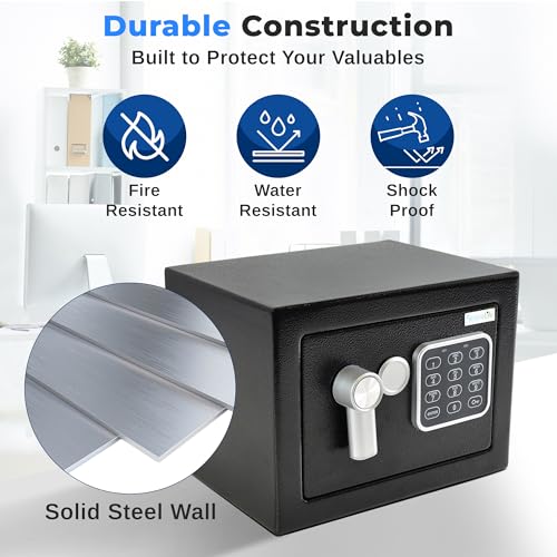 SereneLife Premium Steel Digital Safe Box - 9.1" x 6.7" x 6.7" | Secure Storage for Cash, Firearms & Jewelry | Great For Hotels, Cabinets & Home Use | Electronic & Mechanical Access | 2 Keys | Black