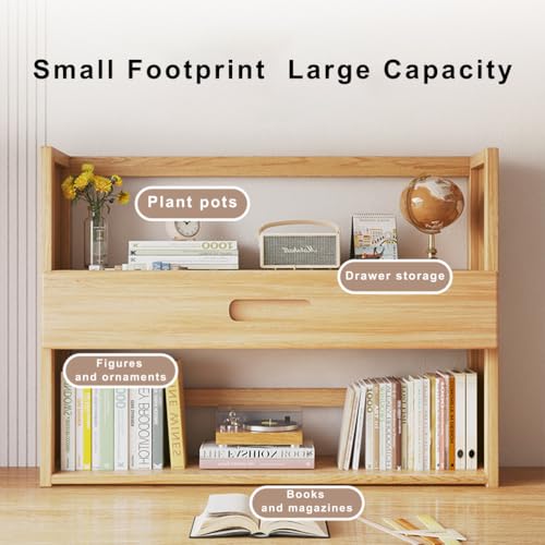TBQATNTS Dorm Desk Hutch Wooden Bookshelf, 2/3 Tier Desktop Storage Organizer, Sturdy Countertop Display Shelf for Office Desk, Home Study, or Dormitory Room,Natural 3 Tier,15.7in