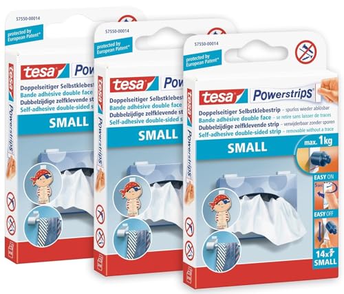 tesa Powerstrips Small - Double-Sided Adhesive Strips for Mounting Objects on Smooth Surfaces - Up to 1 kg Holding Power - 3 Packs of 14 Powerstrips