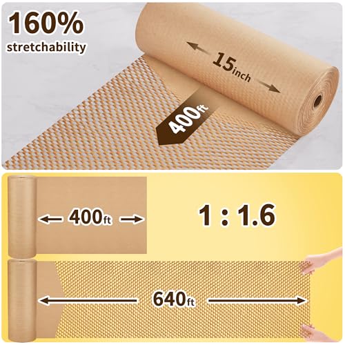 JARLINK Honeycomb Packing Paper, 15" x 400' Packing Wrap Roll for Shipping