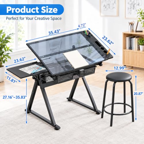 AnoYishev Adjustable Drafting Table with Stool, Tempered Glass Desktop