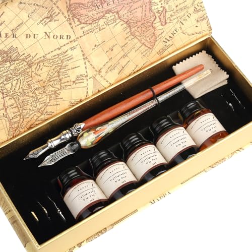 GC QUILL MU-02 Calligraphy Pen Set, Glass Dip Pen and Handcrafted Wooden Dip Pen Gift Set with 5 Colors Calligraphy Ink 6 Nibs, Calligraphy Set for Beginners
