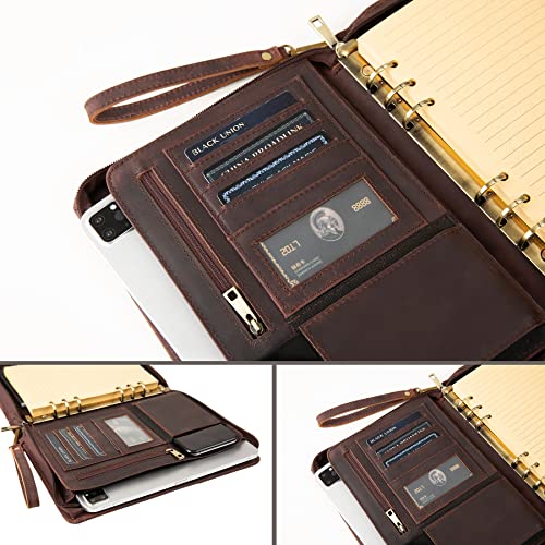 GZRHKJ A5 Genuine Leather Portfolio Notebook Binder, 6 Ring Refillable Planner with Binder Pockets (Standard, Dark Brown)