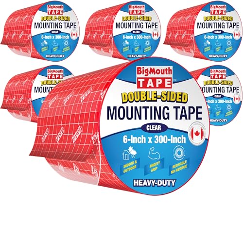 BigMouth Tape - 6 Rolls Double Sided Tape, 6-inch x 1800-Inch, Strong Tape, Mounting Tape Heavy Duty, Clear Double Sided Tape, Double Stick, Wide Tape, Reusable
