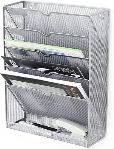 DOIBG 5 Tier Vertical Wall File Organizer Metal Mesh Wall Mount Hanging File Holder with Hanging Hole Paper Document Magazine Rack for Office Home School, Silver