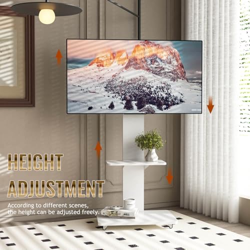 Rolling TV Stand for 32-75 Inch TVs, Height & Angle Adjustable Portable Television Stand with Lockable Wheels & Shelf, VESA 600x400mm, Mobile TV Cart for Living Room Bedroom Office (White-2)