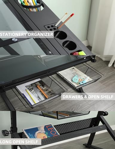 LALFPET Adjustable Height Glass Top Drawing Table - Tiltable Desktop - Storage Drawers - Extra Side Desktop and Stool - Folding Artist Craft Desk for Adults - Black