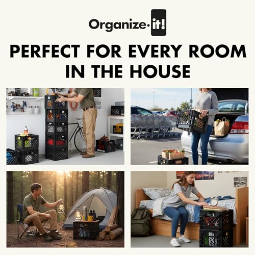 ORGANIZE-IT! 4 Pack Storage Milk Crate, Heavy-Duty Versatile Box, Black