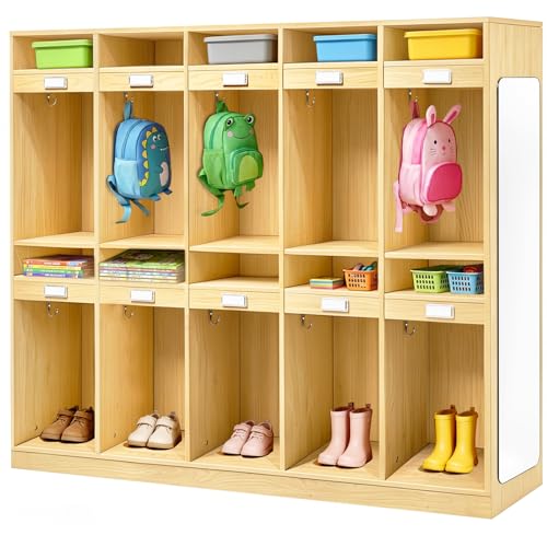 Zumic 20-Section Classroom Coat Locker with 10 Cubbies for Preschool Coat and Backpack Storage, Daycare Cubbies with 10 Hooks, Mirror, Kindergarten Lockers for School, Nursery, Home