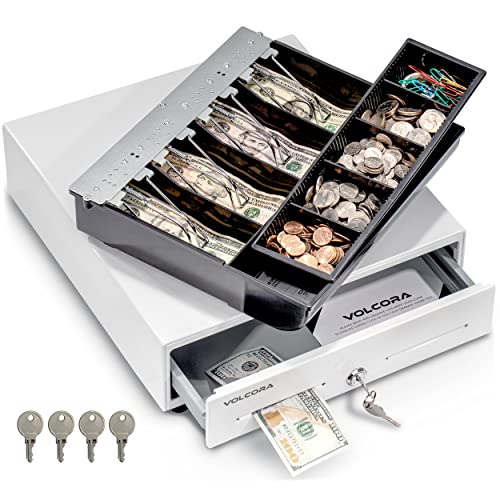 Volcora 13" Cash Register Drawer for Point of Sale (POS) System with Fully Removable 2 Tier Cash Tray, 4 Bill/5 Coin, 12-24V, RJ11/RJ12 Key-Lock, Double Media Slot, Small Money Drawer, White