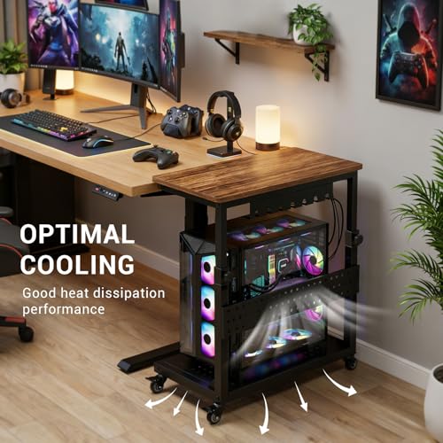 LALFPET Adjustable Height Rolling Computer Stand, 2-Tier Mobile CPU Tower & Printer Cart - Wood Top/Metal Frame - Wheels - Under Desk PC Holder, Brown