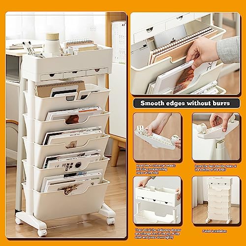 Book cart6-Tier Rolling File Cart with Lockable Wheels, White Rolling Book Cart, Mobile Desk File Organizer, Mobile Office File Organizer Cart with Open Storage Shelves for Office, Home, SCH