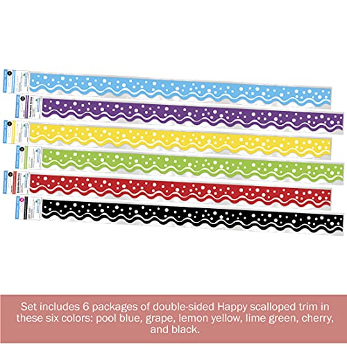 Barker Creek Happy Double-Sided Scalloped Border Set of 6, Multicolor 6-Pack with 234' of Border Total - 39’ in Each of 6 Happy Colors (947)