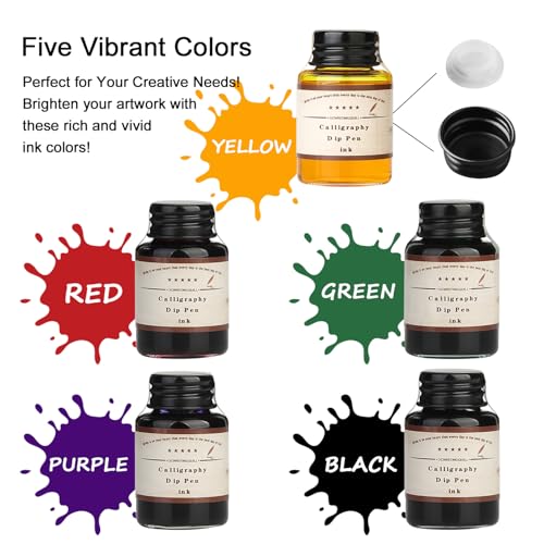 GC QUILL MU-02 Calligraphy Pen Set, Glass Dip Pen and Handcrafted Wooden Dip Pen Gift Set with 5 Colors Calligraphy Ink 6 Nibs, Calligraphy Set for Beginners