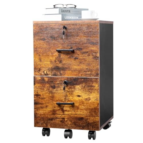 LOPUUFKJJ 2 Drawer Rolling Wood File Cabinet with Lock for Home Office Letter Size Filing Storage Mobile Brown Black