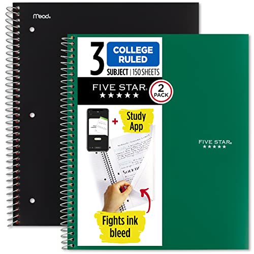 Five Star Spiral Notebook + Study App, 2 Pack, 3 Subject, College Ruled Paper, 8-1/2" x 11", 150 Sheets, Fights Ink Bleed, Water Resistant Cover, Black, Green (820191)