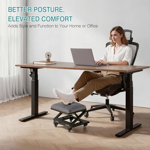 VECELO Foot Rest Under Desk at Work, Height Adjustable Rolling Foot Stool Set of 2 with Wheels, Cushioned Seat for Living Room, Bedroom, Home Office, Grey