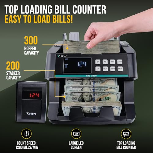 KOLIBRI Money Counter Machine I LCD Display I Business Grade I Advanced UV/MG/IR/DD/HLF Detection I Single Denomination (USD) I 1,200 Notes/Min I 1-Year Warranty I KBC–3000