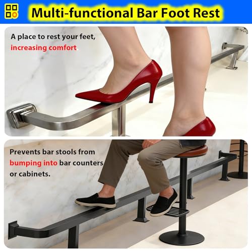 Commercial Bar Rail Foot Rest Brackets, Undercounter Flat Modular Footrest Rail System, 3 4 5 6 7 8 9 10 12 14 16 Foot High Chair Leg Support Pole(Black,3ft/91cm)