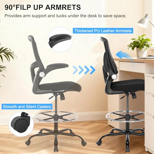 Bondesin Drafting Chair, Ergonomic Tall Office Chair with Lumbar Support Standing Desk Stool with Flip-up Armrests Comfy High Office Desk Chair with Adjustable Foot Ring for Counter Height Desk, Black