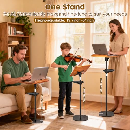 2 in 1 Dual-use Music Stand & Desktop Book Stand, Adjustable Height 16.5"-51", 100% Solid Wood Laptop Floor Stand Book Holder with Elastic Page Clips for Cookbooks (Brown with Tray)