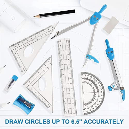 DUHTFCY Compass Set Geometry and Math Tools 10-Piece Compass Kit Pencil Eraser Square Triangle Ruler Pencil Storage Box Suitable for School Home Desktop Compasses Sets
