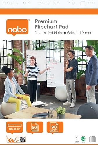 Nobo Premium Flipchart Pad 60 x 85 cm, Double Sided Flipchart Paper, Blank & Squared, 50 Sheets, 90 g/m², Pack of 2, Flat Packed, for Meetings & Brainstorming Anywhere, 1915658