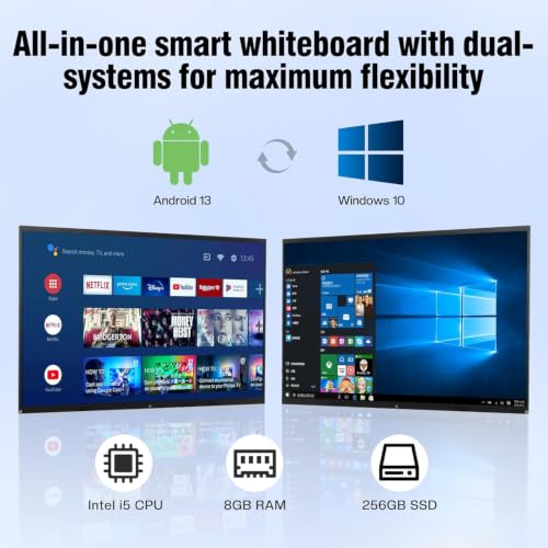 75" 4K Interactive Smart Whiteboard, Touchscreen TV, Digital Whiteboard for Office & Classroom - Android & Windows Dual System, Wireless Screen Sharing for Meetings & Teaching - Wall Bracket Included