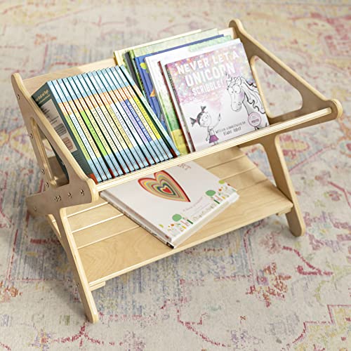 ECR4Kids Wooden Book Caddy with Storage Shelf and Handles, Natural