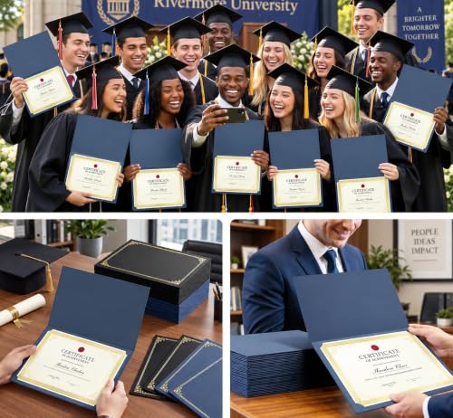 Navy Blue Certificate Holders (100 Packs), Diploma Covers Gold Foil Border