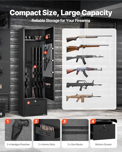 VEVOR 4 Gun Safe, Long Gun Cabinet for Rifles and Pistols, Quick Access Rifle Safe with 2 Ammo Slots, 2 Pistol Pockets & 2 Adjustable Racks, Large Digital Cabinet with Key and Password Lock