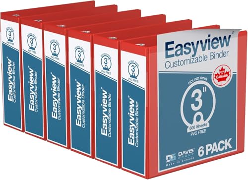 Easyview 3-Ring Binder, Clear-View Cover, 3" Round Rings, Red, 6 Pack
