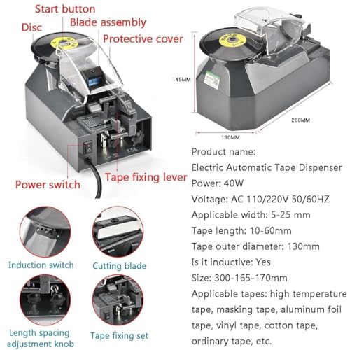 Auto-Sensing Electric Tape Dispenser, Adjustable Cut Length 10-60mm for Adhesive Tape,for Office & Packaging Application