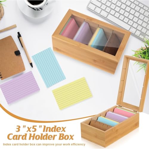 Raxmolo Bamboo Index Card Organizer with 3x5 Index Card Holder Box, Divider Recipe Box with Lid(4 Compartments) for 1200 Cards
