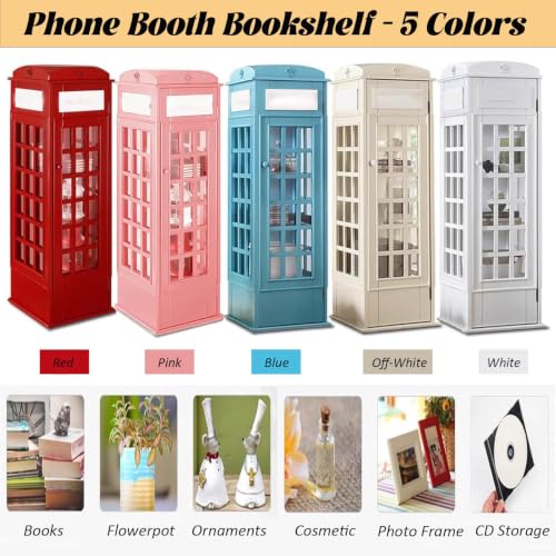 LJLYYDS Wooden Telephone Standing Bookshelf Vintage,5-Tier Wood London Telephones Booth Storage Shelf Cube,Floor Standing Telephone Booth Bookshelf with Acrylic Door for bookstores Pink