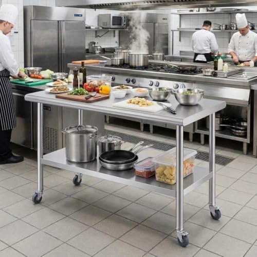 Stainless Steel Prep Table with Wheels 24x60 Inch,Heavy Duty Commercial Mobile Kitchen Cart with Adjustable Shelf for Restaurant, Garage & Outdoor BBQ