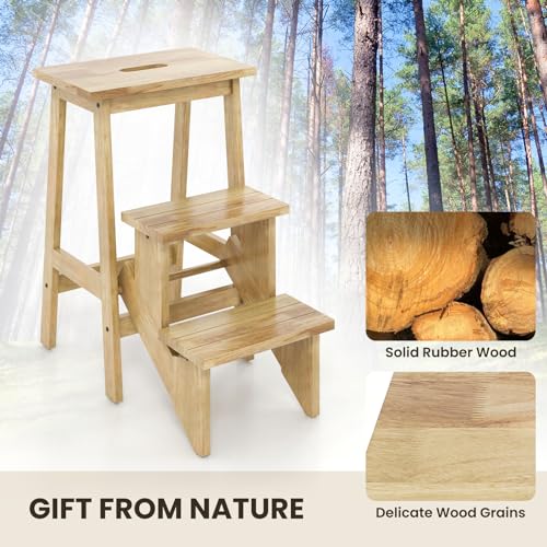 GLACER 3-Tier Folding Step Stool, Portable Wood Step Ladder for Adults & Kids, 3-in-1 Storage Shelf Flower Rack Foot Stool, Ideal for Home, Kitchen, Library (Natural)