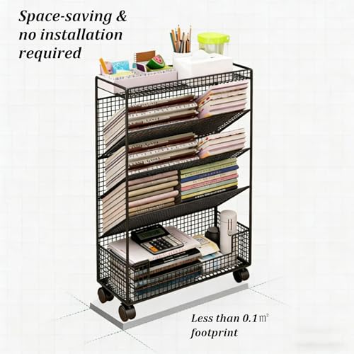 Metal Rolling Book Cart, 5 Tier Slim Book Rack Storage Bookshelf with Wheels, Large Capacity Mobile Multfunctional Library Cart for Storing Books Magazines Newspapers(Black)