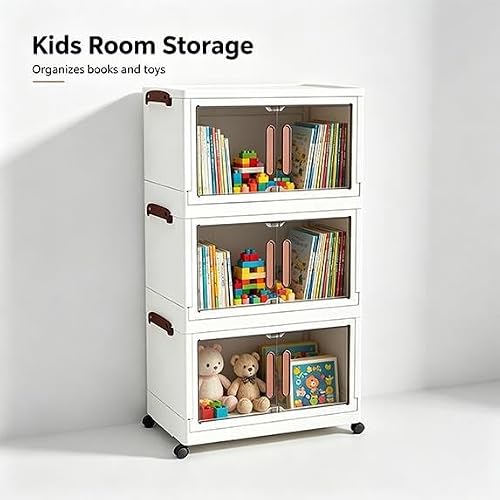 PEDXVNI Stackable Storage Bin Set With Rolling Casters, Transparent Magnetic Doors, Reinforced Handles, Durable Plastic, Multi-Tier/Size Options, Indoor Use(3)