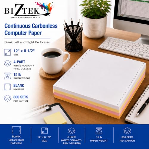 BIZTEK Continuous Carbonless Computer Paper 12 x 8 1/2, Blank Left and Right Perforated, 15 lb, 4-Part White/Canary/Pink/Golden - 800 Sets