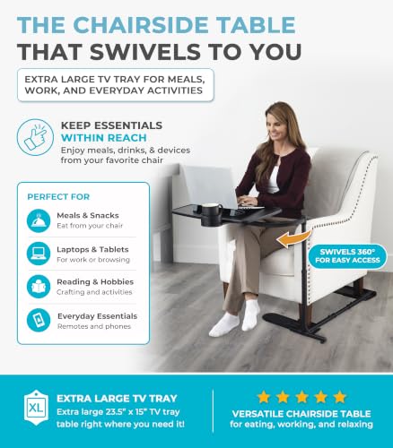 Stander Wonder Tray, Adjustable Swivel Table, Extra-Large Computer Stand, Couch Desk & Gaming Bench, TV-Trays for Eating on Couches, Chairs, Recliners with Laptop Wedges and Cup Holder, XL, Black