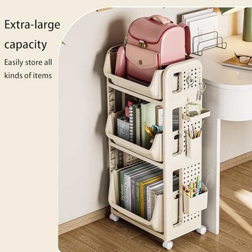 JS Ellie Movable Bookshelf, Trolley Shelf with Drawers and Wheels, Rolling Book cart, Suitable for Study, Office, Living Room, Bedroom, and Bathroom Gray 2-Tier