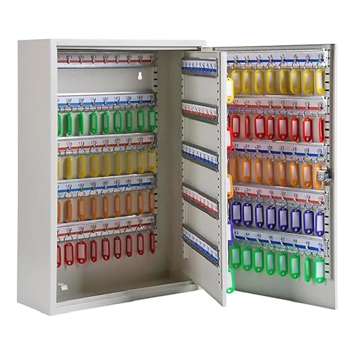 LAUCO 200-Key Wall Mount ﻿Cabinet Box ﻿with Security Key Storage Box Steel, Key Organizer with 200 Colorful Key Tags, ﻿Safe Storage Key Holder Locker Box, Light Grey, 14.96" x 6.15" x 21.65" 50754