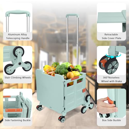 Foldable Utility Cart Collapsible Portable Crate Rolling Carts with Stair Climbing Wheels Tote Basket with Magnetic Lid Telescopic Cover Wear-Resistant 360°Rotate Wheel Noiseless for Shopping Office