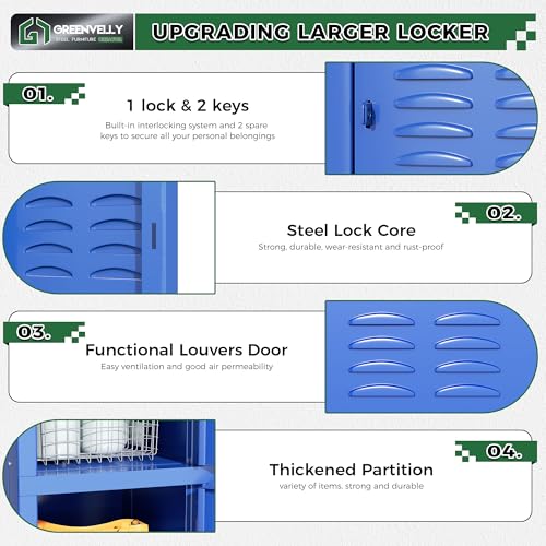 Greenvelly Metal Locker, 66" Lockers for Employees with 5Doors,Tall Steel Lockable Storage Lockers with Standing Legs,Card Slots,Vents for Gym,School,Office,Kids Room(Blue)